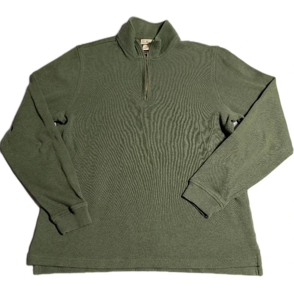 LL Bean Quarter Zip Pullover‎ Sweater Men's Large Green Cotton Made in Peru